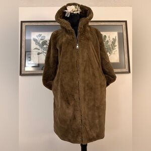 Ladies Stylish Brown Faux Fur Knee Length Zip-up Hooded Coat by Primark